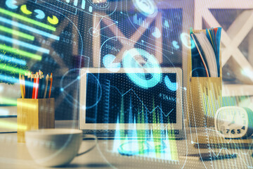 Double exposure of desktop with personal computer on background and tech theme drawing. Concept of Bigdata.