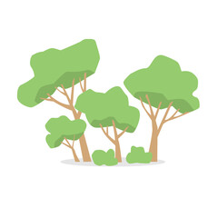 Several green trees and bushes. Forest, reserve, park, square. Cartoon style.