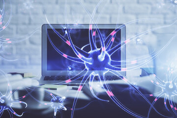Desktop computer background and neuron drawing. Double exposure. Education concept.