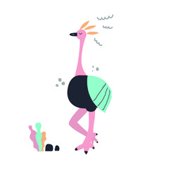 Cute ostrich, hand drawn concept, nursery design. Flat illustration.