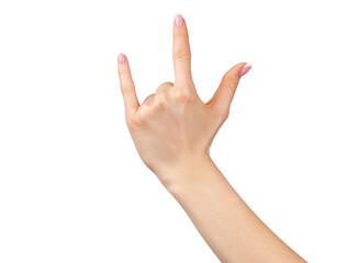 Female hand showing rock sign isolated on white