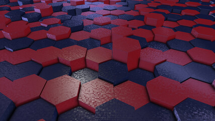 Fototapeta premium Hexagonal Patterns blue and red non - uniformed, 3d render illustration front top view