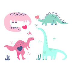 Set of cute dinosaurus for nursery print design for boys and girls. Flat vector illustration.