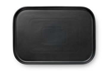 Top view of empty black tray isolated on white background - obrazy, fototapety, plakaty