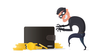 Thief steals a wallet with gold coins. A criminal steals a men's wallet. The concept of fraud, deceit and fraud with money. Isolated. Vector.