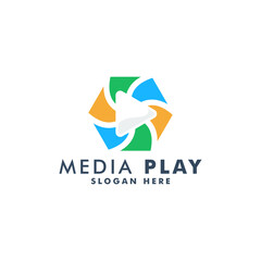 media play logo design template, play icon logotype vector illustration