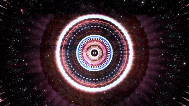 energetic fast paced red and blue colored 3D animation of an abstract Colorful Mandala VJ Loop on black Background with central point of view perspective towards endless space and particles flying tow