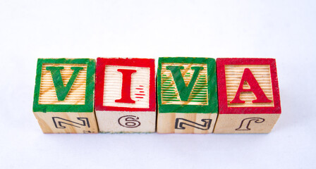 The term viva visually displayed on a clear background using colourful blocks image in horizontal...