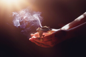 incense in a woman hand, incense smoke on a black background. - obrazy, fototapety, plakaty