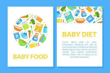 Baby Food Card Template, Healthy First Meal for Toddlers with Space for Text, Kids Menu Design Element Vector Illustration