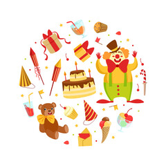 Birthday Party Banner Template, Happy Holiday Symbols of Round Shape Vector Illustration