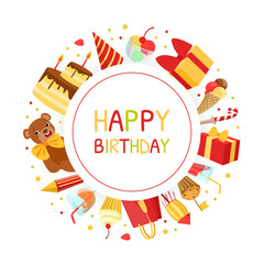 Happy Birthday Banner Template with Holiday Symbols Frame of Round Shape Vector Illustration