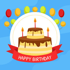 Happy Birthday Banner Template with Colorful Balloons, Cake and Candles, Poster, Invitation or Greeting Card Vector Illustration