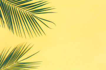 Fototapeta na wymiar Summer composition. Tropical leaves on yellow background. Summer concept. Flat lay, top view