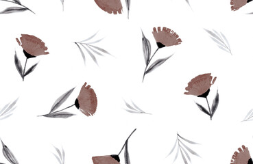 Obraz premium Abstract Watercolor Carnation Flowers and Leaves Repeating Pattern Isolated Background