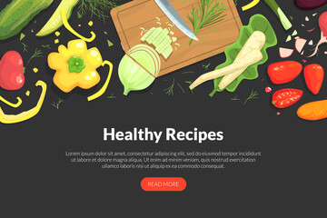 Healthy Recipes Landing Page Template with Organic Vegetarian Natural Products, Tasty Food Recipes, Cooking Course, Online Food Ordering Website, App, Web Page Vector Illustration