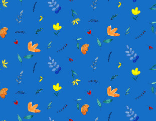 Naklejka na ściany i meble Abstract Watercolor Flowers Leaves and Branches Doodle Sketch Repeating Pattern Isolated Background