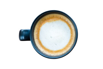 Top view of hot coffee cappuccino cup in the milk froth isolated on white background.