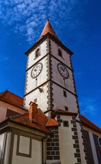 Fototapeta na wymiar Baroque church tower in Varazdin by day, Croatia