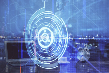 Multi exposure of computer on background and technology theme drawing. Concept of innovation.