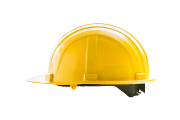 Yellow safety helmet for engineering construction worker equipment isolated on white background. Plastic hard hat for building contractor.