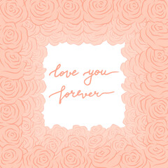 Vector illustration. Pink rosebuds isolated on a white background. Silhouette of a rose in a frame with the inscription 