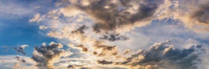 Gorgeous panorama scenic of sunrise and sunset with silver lining and cloud in the morning and evening. Panoramic landscape image.