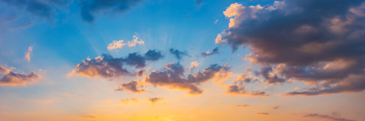 Gorgeous panorama scenic of sunrise and sunset with silver lining and cloud in the morning and evening. Panoramic landscape image.