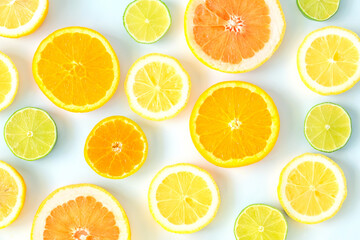 Fototapeta premium Collection of fresh lime, lemon, orange, citrus, grapefruit slice on white background.