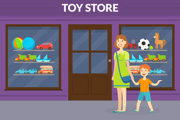 Toy Shop Store Front with Customers, Happy Mother and Son Standing in Front of Small Shop Building Flat Style Vector Illustration