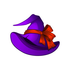 Halloween purple wide-brimmed hat with orange bow. Witch, magician, astronomer hat. Vector illustration on a white background.