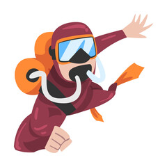 Diver in Wetsuit, Mask, Scuba and Flippers Diving in the Sea, Summer Water Sport, Extreme Hobby Cartoon Style Vector Illustration