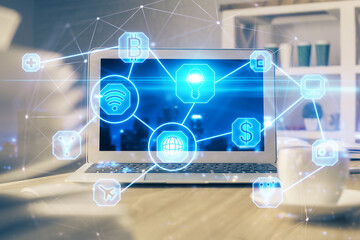 Computer on desktop with social network theme icon. Multi exposure. Concept of international connections.