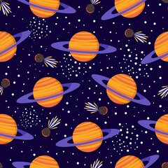 Space seamless pattern with planets, comets and stars. Colorful Saturn cosmic illustration. Vector cosmos background.