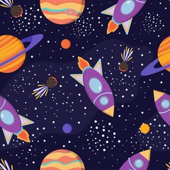 Colorful cosmos seamless pattern with stars, spaceships, rockets, comet and planets. Space background illustration.