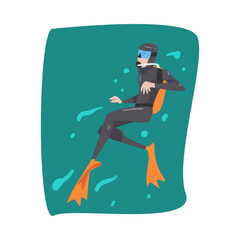 Male Diver in Wetsuit, Snorkel, Mask and Flippers Diving in the Sea, Extreme Water Sport Cartoon Style Vector Illustration