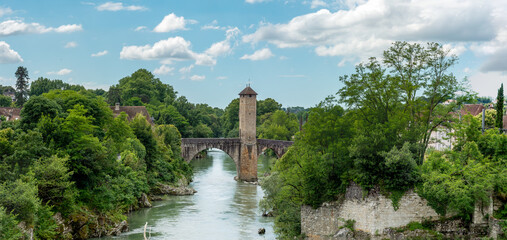 medieval bridge over river Gave de Pau in Orthez - France