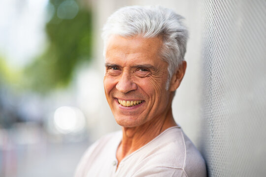 Side Portrait Handsome Older Man Smiling Outside