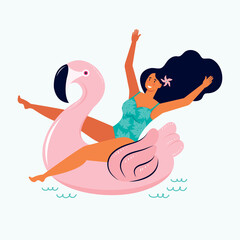 Sexy woman in a swimsuit floats on an inflatable pink Flamingo float in the sea. Hand drawn female character in summer pool or on beach party. Inflatable water toy in vector. Summertime. Body positive