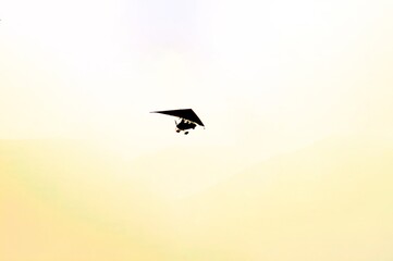 Low angle shot a powered hang gliding silhouette on a yellow sky background