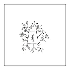 Vector image pattern of watering cans and primitive flowers