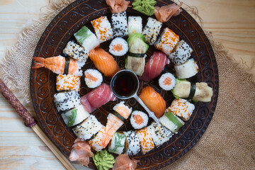 Mixed set of Japanese sushi, rolls, nigiri and sashimi