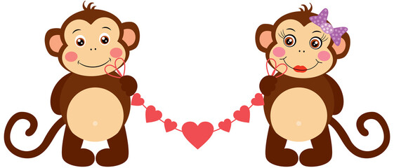 Couple of monkeys holding a banner garlands hearts