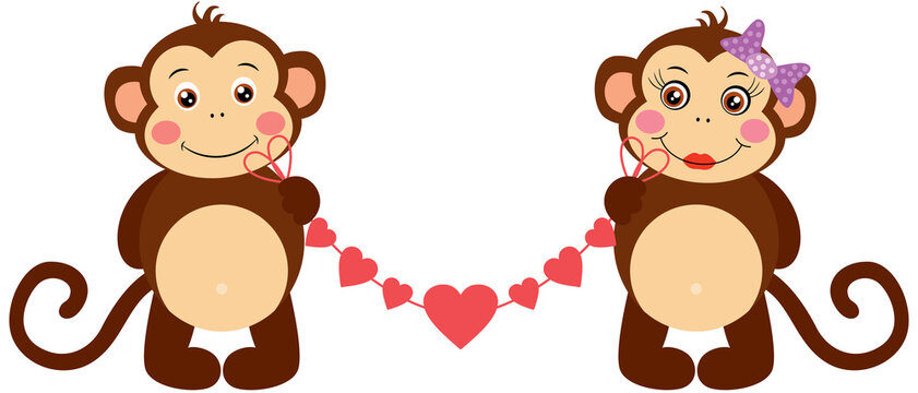 Couple of monkeys holding a banner garlands hearts