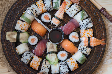 Mixed set of Japanese sushi, rolls, nigiri and sashimi