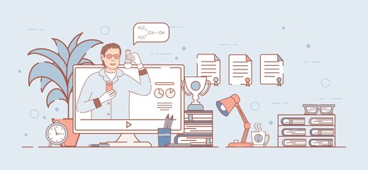 Online chemistry courses or online analysis vector cartoon outline illustration. Computer monitor and happy scientist in lab coat in it holding flask. Working office of scientist or chemistry teacher.
