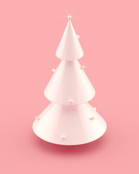 Decorated white Christmas tree 3D illustration on pink background. 3d rendering.