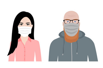 Front view cartoon vector set of a ginger bearded man and an asian woman wearing protective face mask - covid-19 safety measures, restriction, covering face to prevent spread of the virus