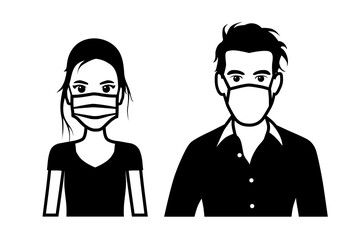 Set of black and white front view vector icons of a man and a woman wearing protective face mask - covid-19 safety measures, restriction, covering face to prevent spread of the virus