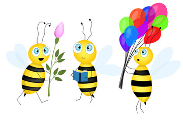 Set of cartoon cute bee mascot. A small bees flies. Wasp collection. Vector character. Insect icon. Template design for invitation, cards, wallpaper, kindergarten. Doodle style.